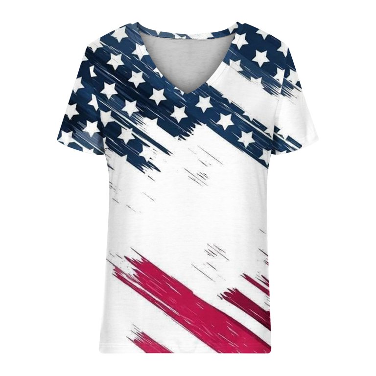 ZQGJB July 4th Tops for Women Short Sleeve Plus Size T Shirts V Neck  American Flag Print Casual Workout Shirt Vintage Graphic Boho Tees Henley  Tops