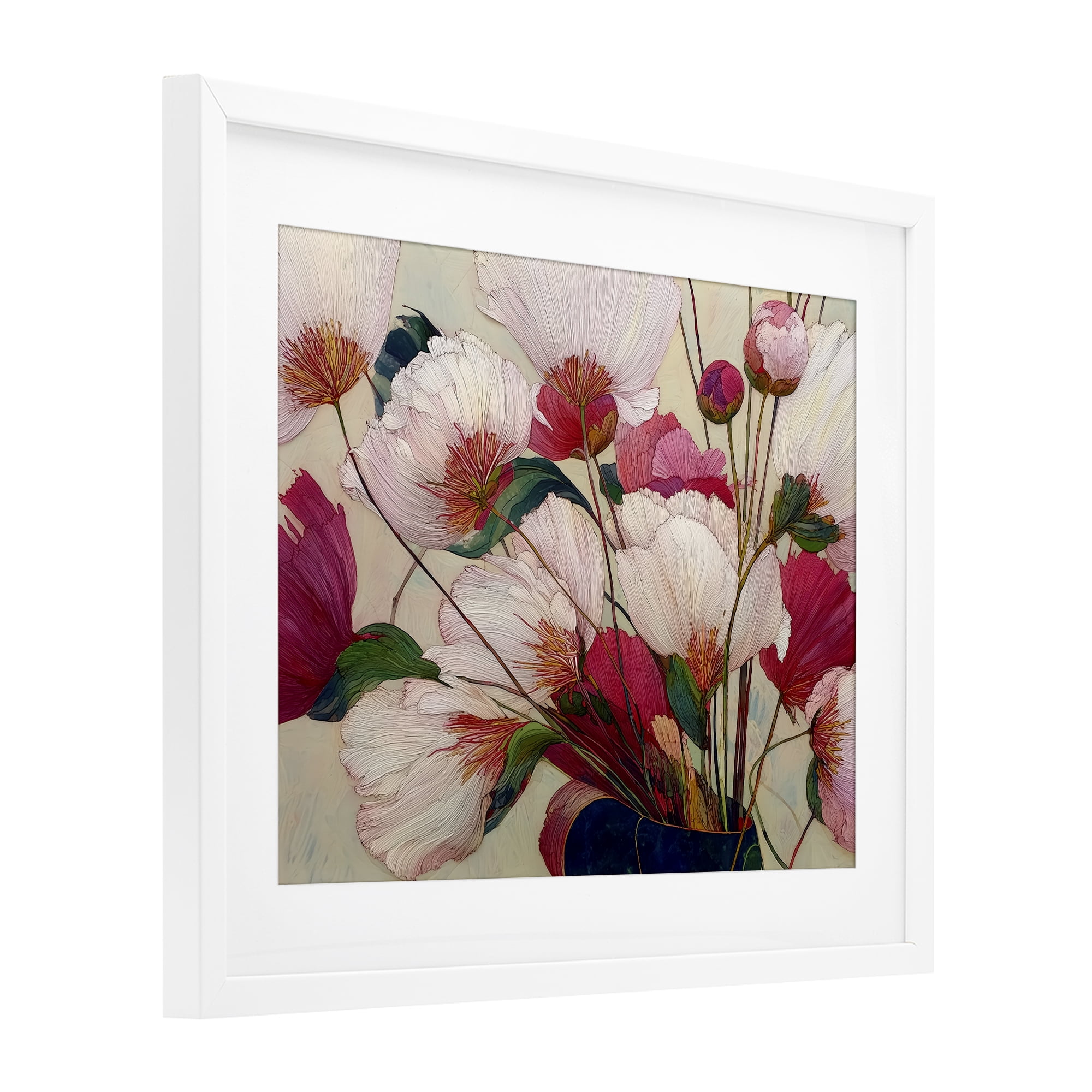 Lush Haiku Pink & White Flowers White Framed Print Under Glass, design by Annabelle Hall