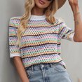 thumbnail image 3 of Women Hollow out Knitted Sweater Striped Contrast Color Half Sleeve, 3 of 8