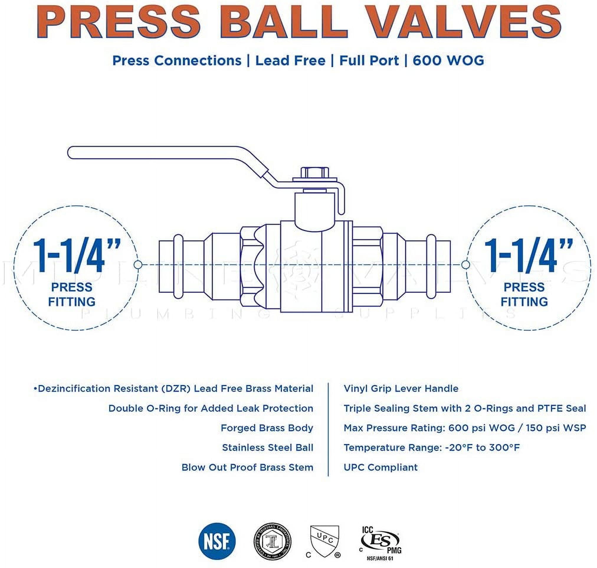Midline Valve 532114VLV-5 Double-O-Ring Press Ball Valve, with 1-1/4 in. Press Connections, Brass (Pack of 5)