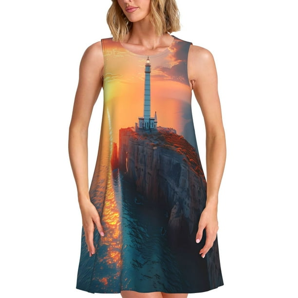 Easygdp Lighthouse At Sunset Coast para Vestido Transpirable de Mujer, Vestido Suelto de Manga Corta con Pliegues y Bolsillos para el Verano