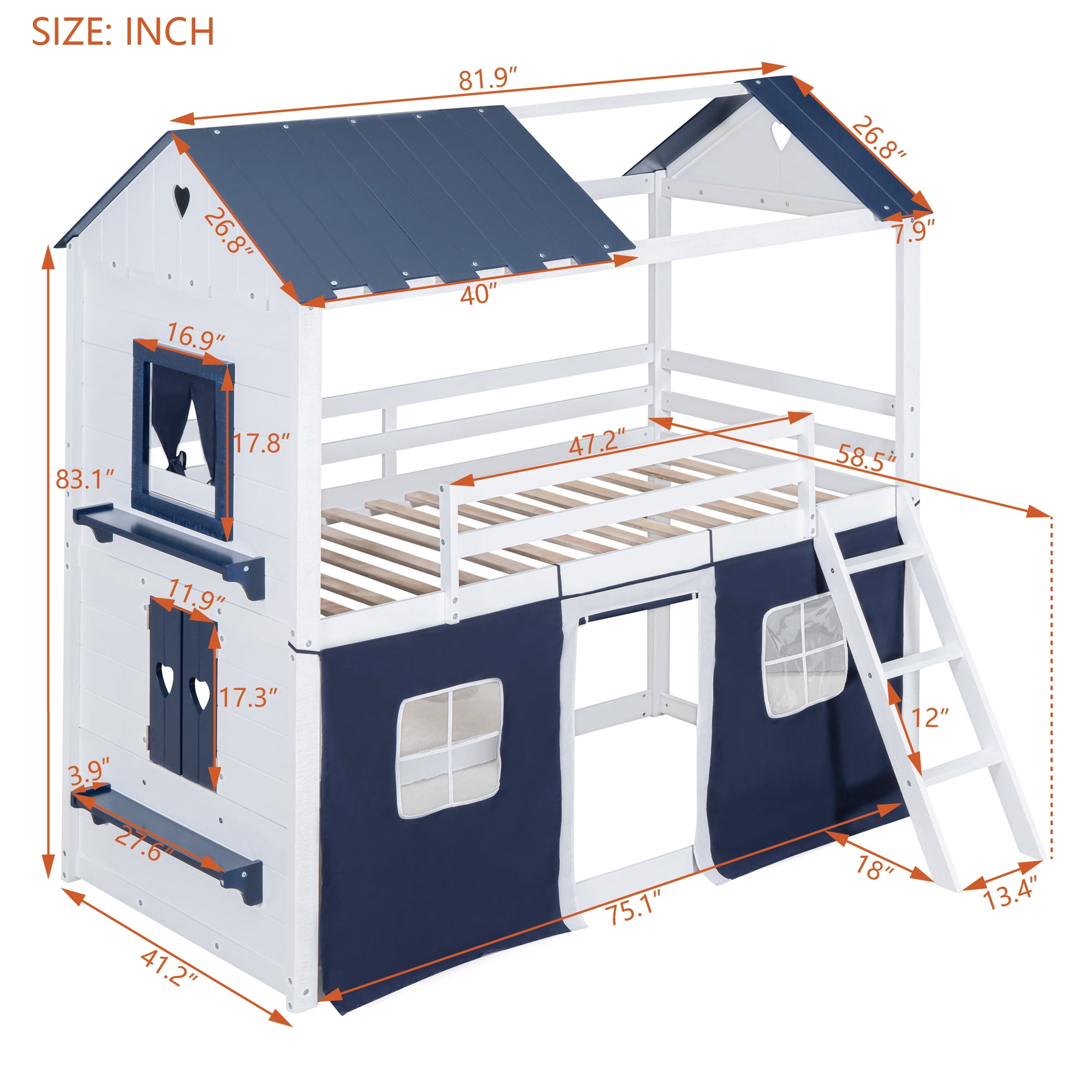 Euroco Twin over Twin Size Bunk Bed, House Bed with Ladder and Tent for Kids Teens, Blue