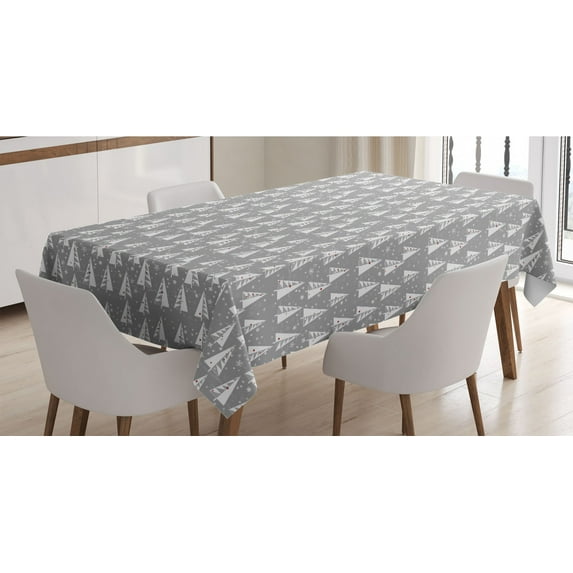 Christmas Tree Tablecloth, Triangular Shaped Silhouettes on a Background with Snowflakes, Rectangle Satin Table Cover for Dining Room and Kitchen, 60" X 84", Pale Taupe and Vermilion, by Ambesonne