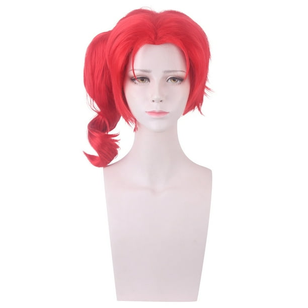 Peluca corta para cosplay roja de 35 cm con cola de caballo lateral y flequillo en capas