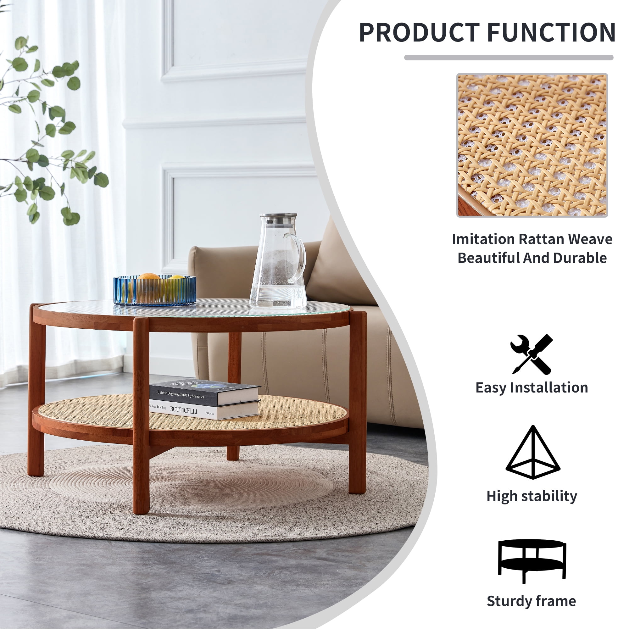 Kepooman 2-Tier Coffee Table, Round Tea Table with Solid Wood Frame and Pe Rattan, Modern Glass Sofa Center Table for Living Room, Walnut