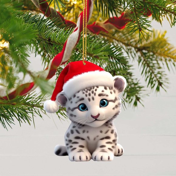 Cute Leopard Baby Christmas Tree Charm - 2D Flat Acrylic Pendant for Festive Decorations and Car Accessories