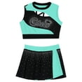 thumbnail image 3 of Lejafay Kids Girls Rhinestones Cheerleading Dance Outfit Cheer Leader Tops with Mini Skirt Carnival Party Blue Green 8, 3 of 5