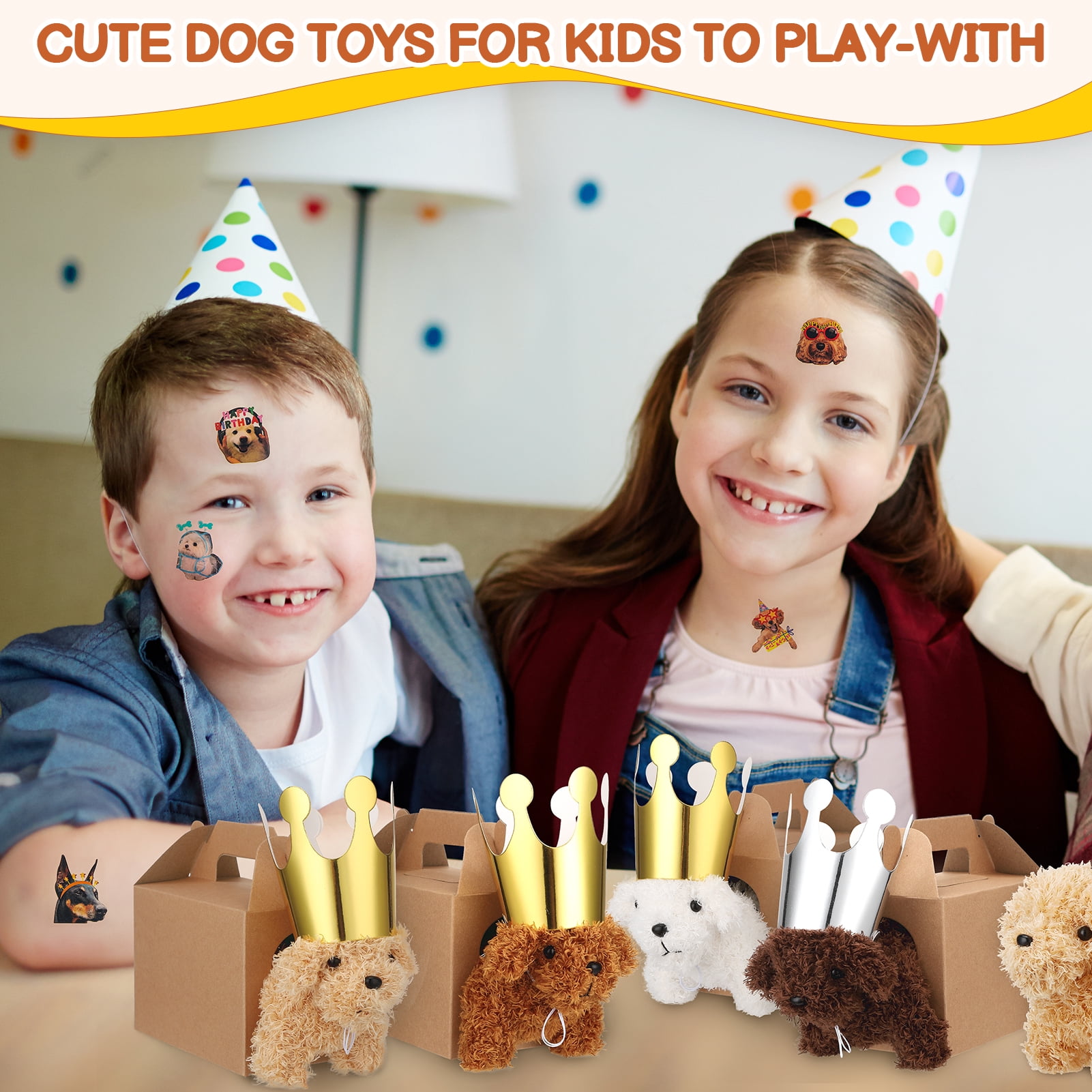 KABOER 100 Pcs Adopt A Puppy Party Favor Set, Mini Stuffed Animals Toy, Includes 20 Pcs Small Plush Dogs, Birthday Hats, Paper Boxes, Stickers and Adopt Cards for Party Supplies