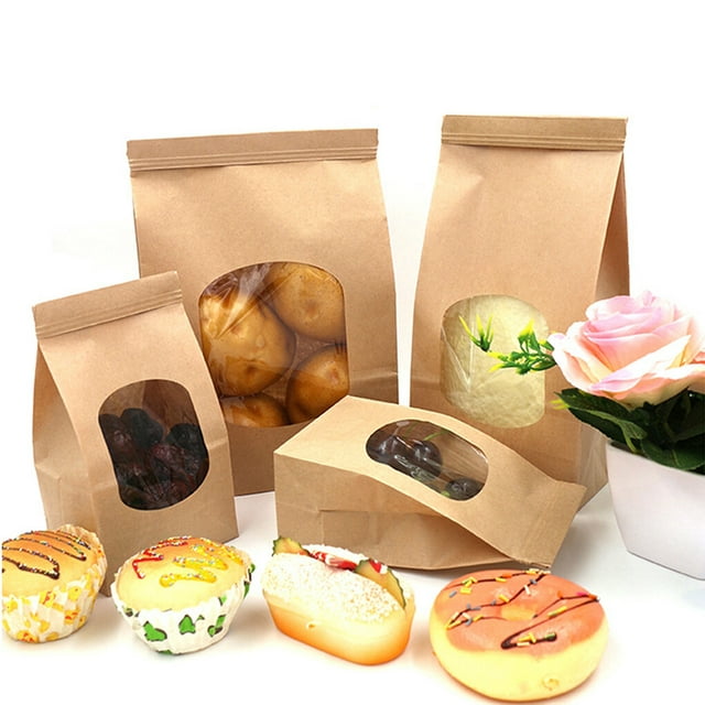 50Pcs Bakery Bags with Clear Window Bakery Bags Paper Bags Cookie Bags with Window Sealing Grease Proof Kraft Paper Bag for Food Snacks Cookie Coffee, S