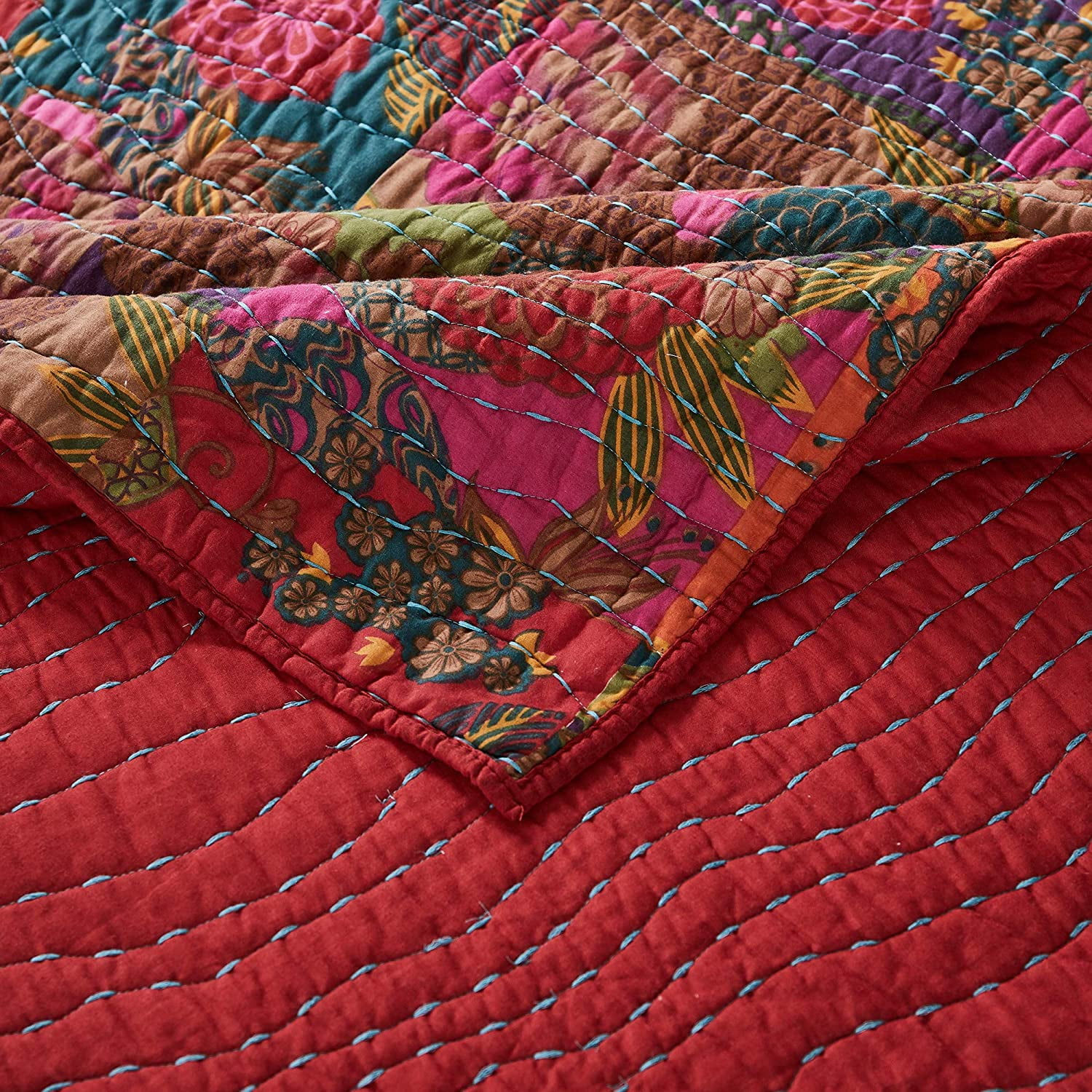 Global Trends Josie 100% Cotton Kantha Stitched Quilt Set, 5-Piece King/Cal King