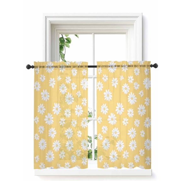 White Yellow Daisy Curtains 54 Inch Length, Sheer Curtains for Bedroom Living Room Window Spring Summer Floral Botanical Rod Pocket Voile Drapes Kitchen Curtains Small Half Window 42"x54" 2 Panels