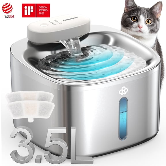 Oneisall CW-01 Wireless Cat Water Fountain 304 Stainless Steel, 3.5L/118oz Cordless Water Fountains for Cats Indoor, Silver