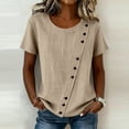 thumbnail image 2 of CHGBMOK Womens Cotton Linen T Shirts V Neck Button Decor Solid Top Short Sleeve Trendy Comfry Casual Summer Shirts, 2 of 7