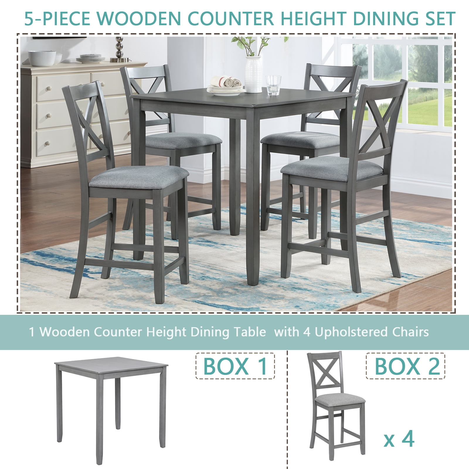 MAYEERTY 5 Piece Dining Table Set, Wooden Dining Square Table Set for 4, Counter Height Kitchen Table Set with Square Table and 4 Upholstered Chairs for Small Space, Gray