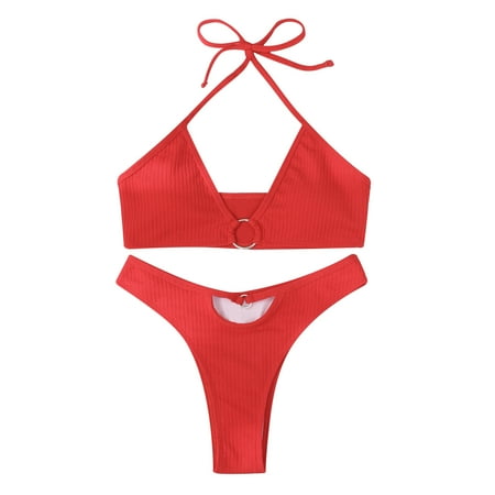 

VKEKIEO Two-Piece Sets Swimsuit Sport Bra Style Lift Red L