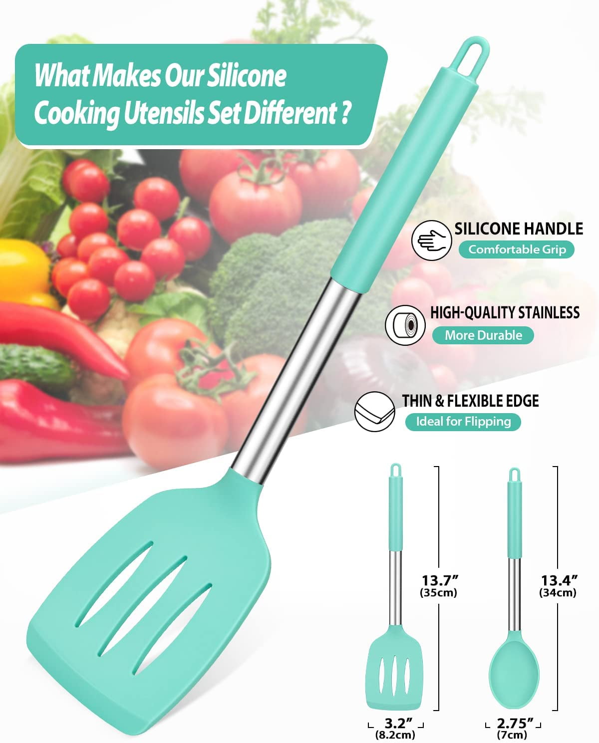 Bundlepro 4 Pack Silicone Home Kitchen Cooking Utensils Set, Solid Slotted Spatulas Spoons, Green