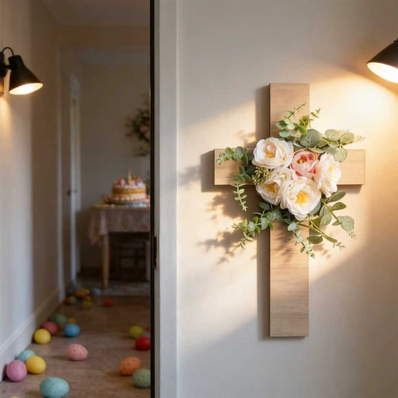 2026 Easter Cross Artificial Flowers Party Decor Wall & Outdoor Door Hanging - Festive Event Themed Decorative Ornament For Home Office Store - Indoor Outdoor Easter Decoration
