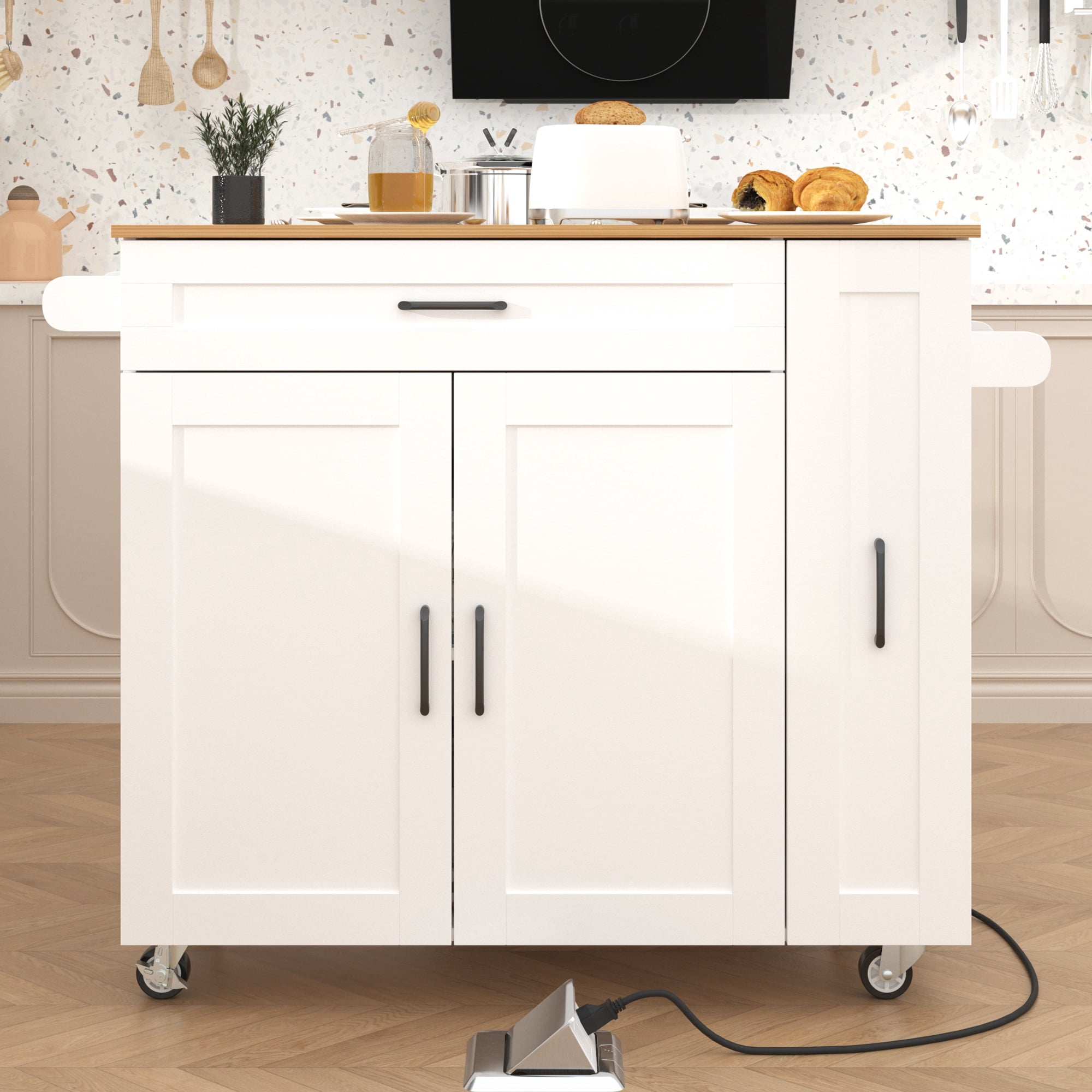 NAIYUFA Kitchen Island with Wheels & Adjustable Shelf,Modern Kitchen Islands with Power Outlets,Door Storage Cabinet,Drawers