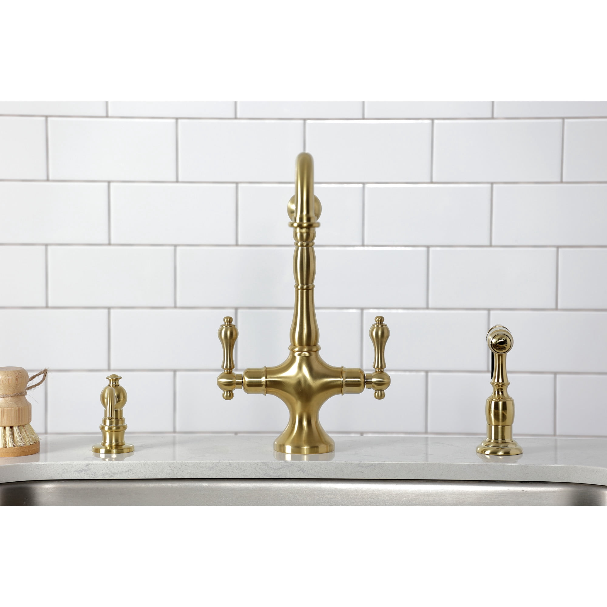 Kingston Brass KS1777ALBS Heritage Two-Handle 2-Hole Kitchen Faucet with Brass Sprayer in Brushed Brass