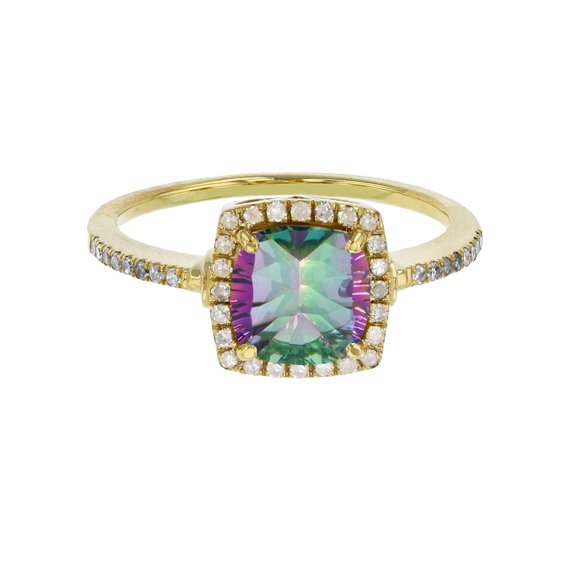 Decadence 10K Yellow Gold 7mm Cushion Mystic Green Quartz & 0.20 CTTW Diamond Halo Ring