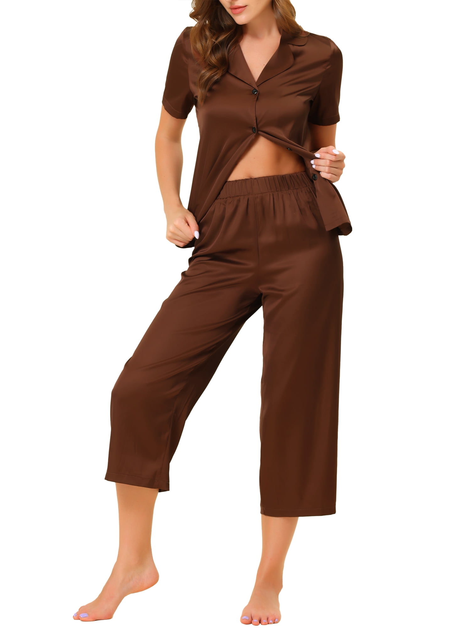 Unique Bargains Women's Loungewear Tops and Capri Pants Satin Pajama Sleepwear Sets