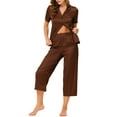 thumbnail image 2 of INSPIRE CHIC Women's Satin Pajamas Sets Short Sleeve Button Tops with Capri Pants 2 Pcs Loungewear M Brown, 2 of 6