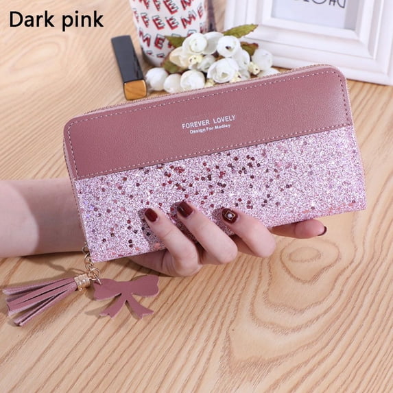 Fashion Glitter Clutch Tassel Card Holder Case Phone Bag Zipper Purse Long Wallet DARK PINK