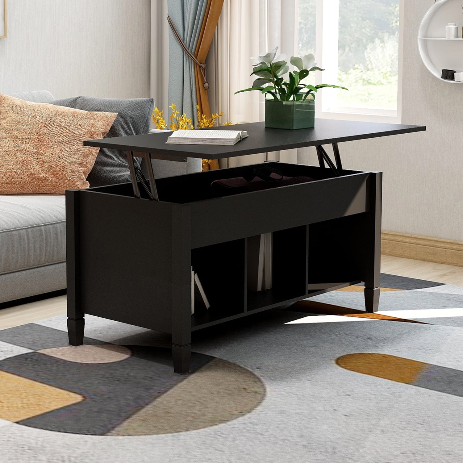 Kadyn Modern Lift Top Coffee Table with 3 Storage Rooms, Wooden Center Coffee Table Living Room Table for Home, Black