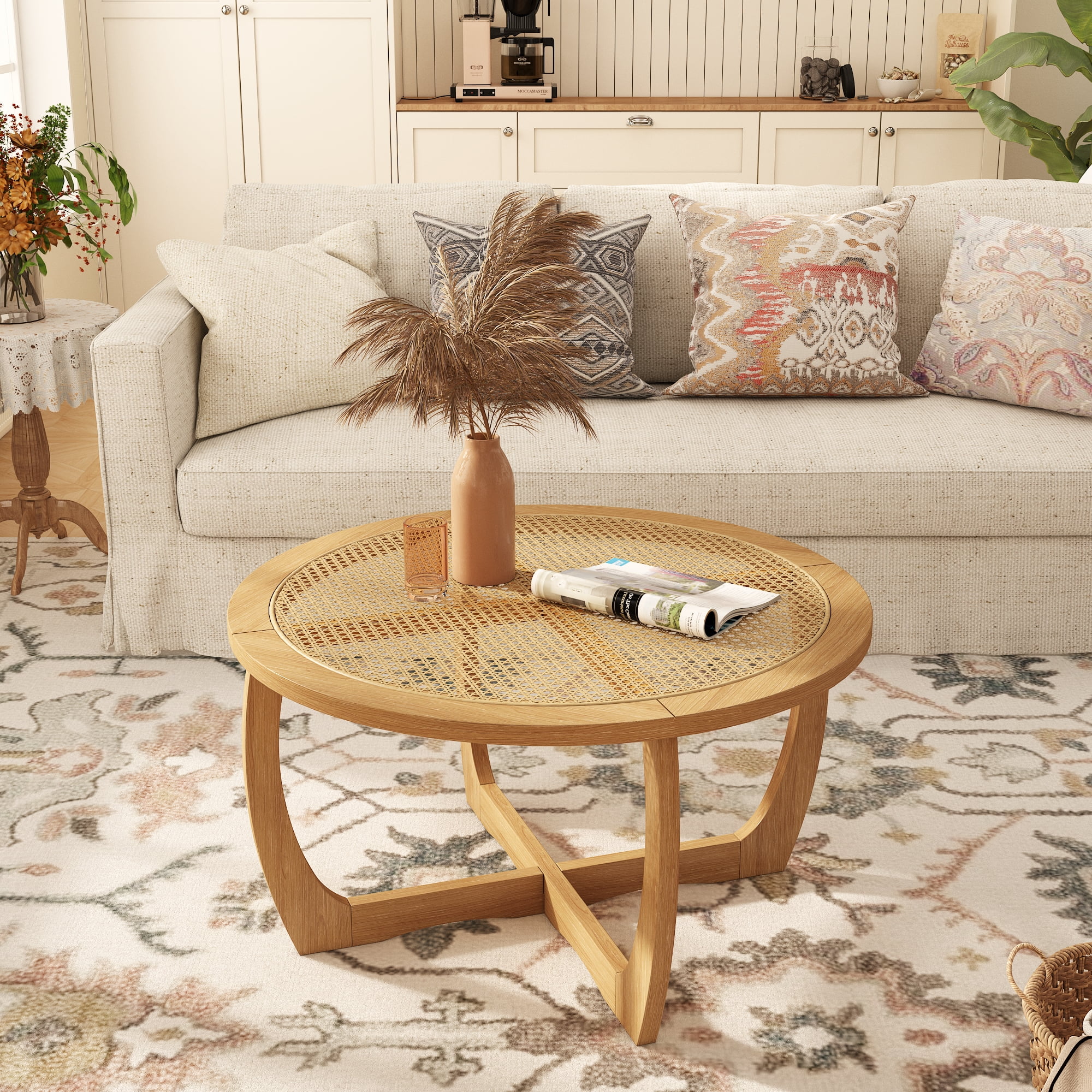 Round Wood Coffee Table with Handmade Rattan Top, Solid Circle Wooden Center Table with Curved Legs, Farmhouse Cocktail Table for Living Room, Light Brown 32.28" x 18"