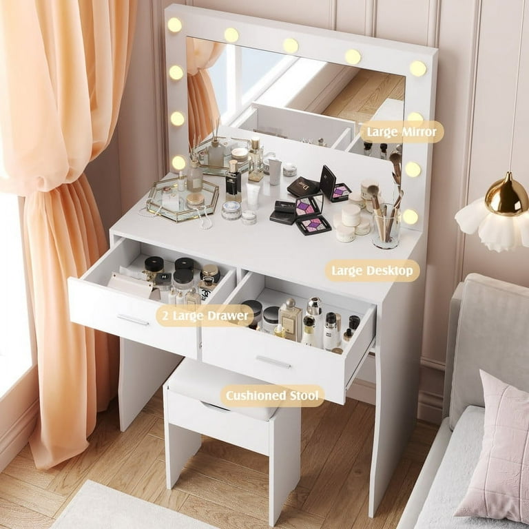 Furmax Makeup Vanity Table Set with Lights and Mirror Vanity Desk with Drawer and Chair, White Furmax Makeup Vanity Table Set with Lights and Mirror Vanity Desk with Drawer and Chair, White