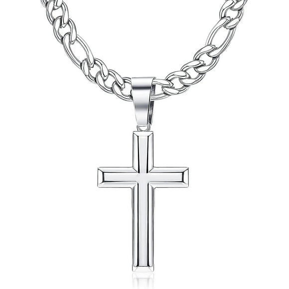 925 Sterling Silver Cross Necklace For Men Women Stainless Steel 5mm Diamond-cut Figaro Cross Chain Necklace Polished Beveled Edge Cross Pendant Neckl