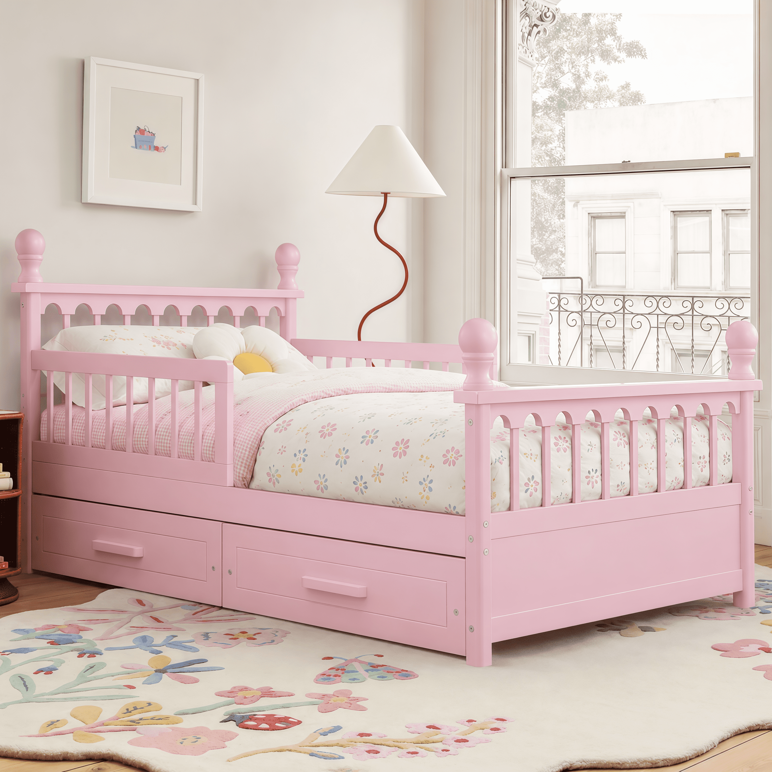 Euroco Wood Twin Size Platform Bed with Drawers, Low Profile Kids Bed with Safety Guardrails, No Box Spring Needed, Pink
