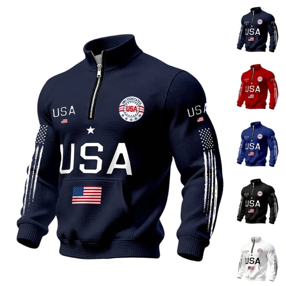 Dwelliawo 1/4 Zip Men's American Flag Waffle Knit Sweatshirt American Flag United States 250 Years Anniversary Sweatshirt Fashion Patriotic Shirt Sweatshirts Red L