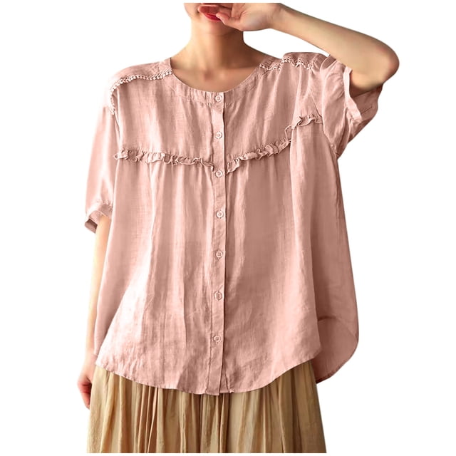 Camisetas de Algodón para Mujeres de Ajuste Suelto, Cuello en V Algodón Y Lino, Casual Suelto Camisa de Manga Corta