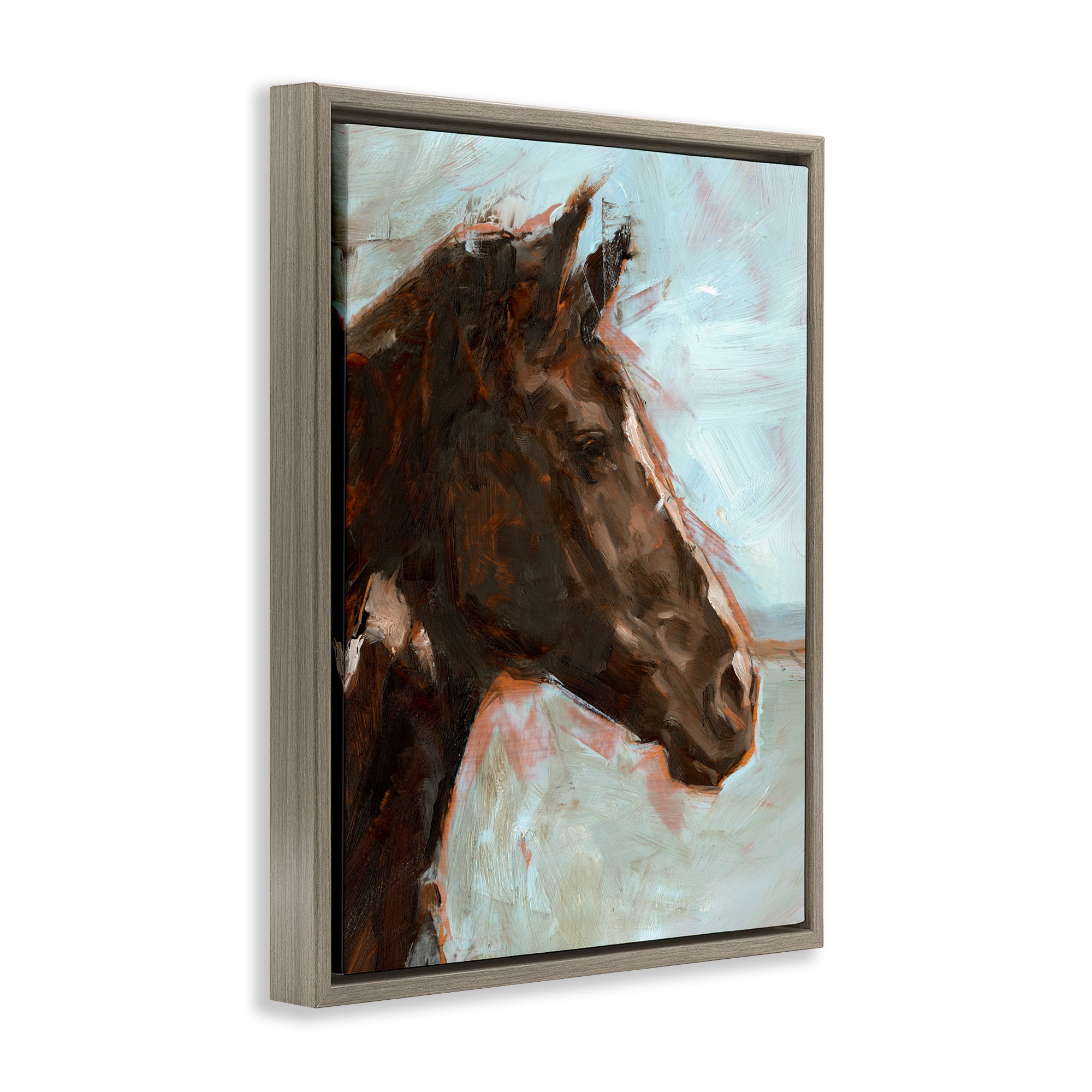Stupell Industries Brown Horse on Blue Animals Painting Brown Floater Framed Canvas Art Print Wall Art, 25 x 31