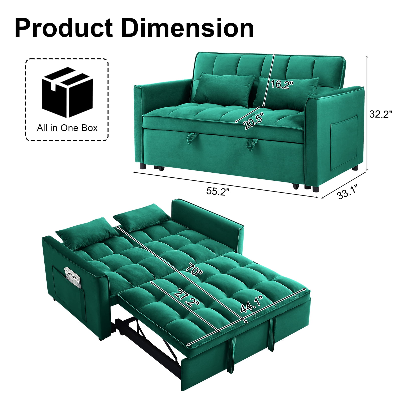 Aisword 3 in 1 Convertible Sleeper Sofa Bed, 55'' Loveseat Sleeper Sofa, Pull Out Couch Bed with Side Pocket & Adjustable Backrest for Living Room, Velvet Fabric, Green
