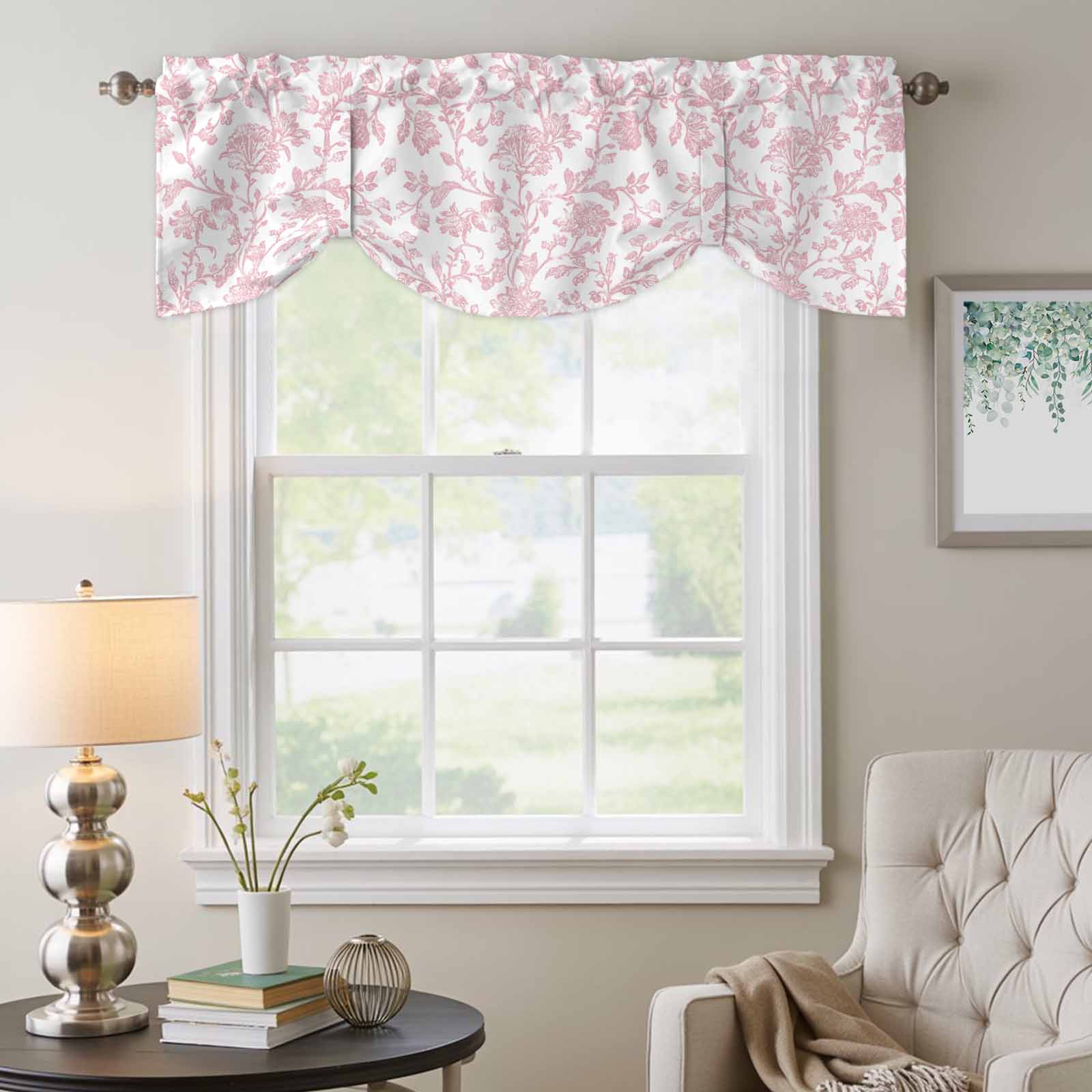 Light Pink Floral Paisley Tie Up Valances Curtain, Boho Leaf Vintage Farmhouse Linen Adjustable Rod Pocket Short Window Treatment Tie Up Curtains Valances for Kitchen Living Room 60x18 In
