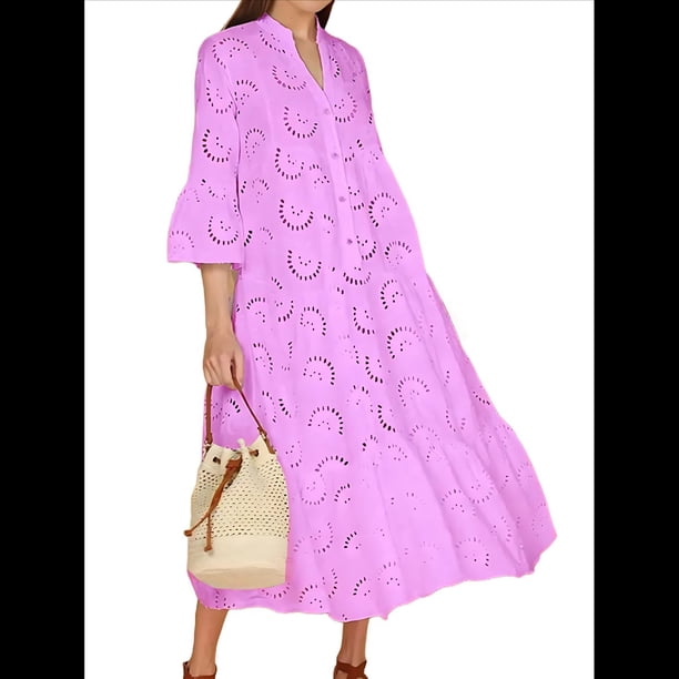 Vestido Bohemio con Cuello en V, Mangas Acampanadas y Bordado de Encaje para Mujer (2025) Rosa XL
