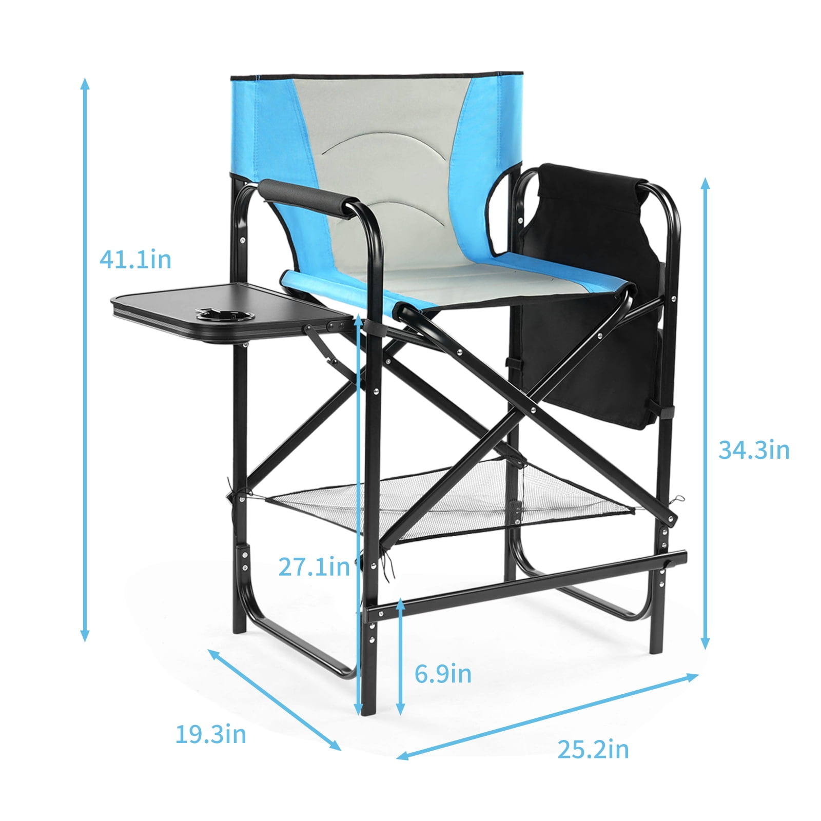 26" Tall Bar-Height Directors Chair with Side Table & Storage Pockets, 265 lbs Capacity Iron Frame Oxford Cloth Portable Chair for Camping Makeup Outdoor Events