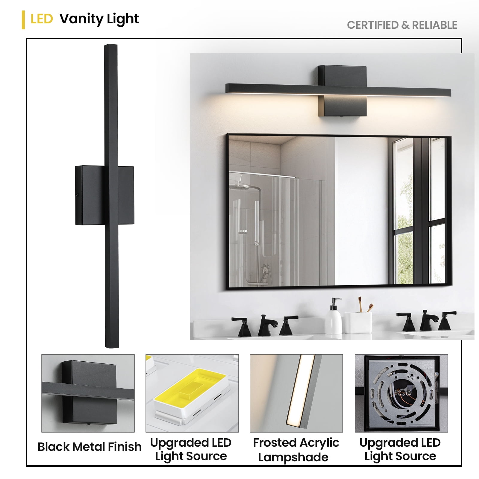 Vanity Light for Bathroom Lighting Fixtures Over Mirror Dimmable Integrated LED 24 inch Modern Vanity Lights Black Bathroom Light Bar Bath Wall Sconce