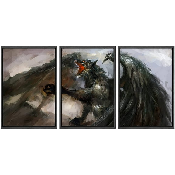 wall26 Framed Canvas Print Wall Art Set Feathered Winged Dark Dragon Attacks Fantasy & Sci-Fi Myth Illustrations Art Contemporary Fun Colorful for Living Room, Bedroom, Office - 16"x24"
