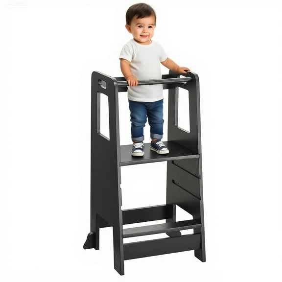 Toddler Kitchen Step Stool Black Helper Standing Tower Height Adjustable with Anti-Slip Protection for Kids Kitchen Counter Learning