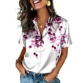 thumbnail image 2 of Dweltoz Satin Blouses for Women Button Down Silky Shirts Short Sleeve Casual Business Tunic Top Spring Fall Floral Print Collared Dressy Elegant Outfits,Purple L, 2 of 7