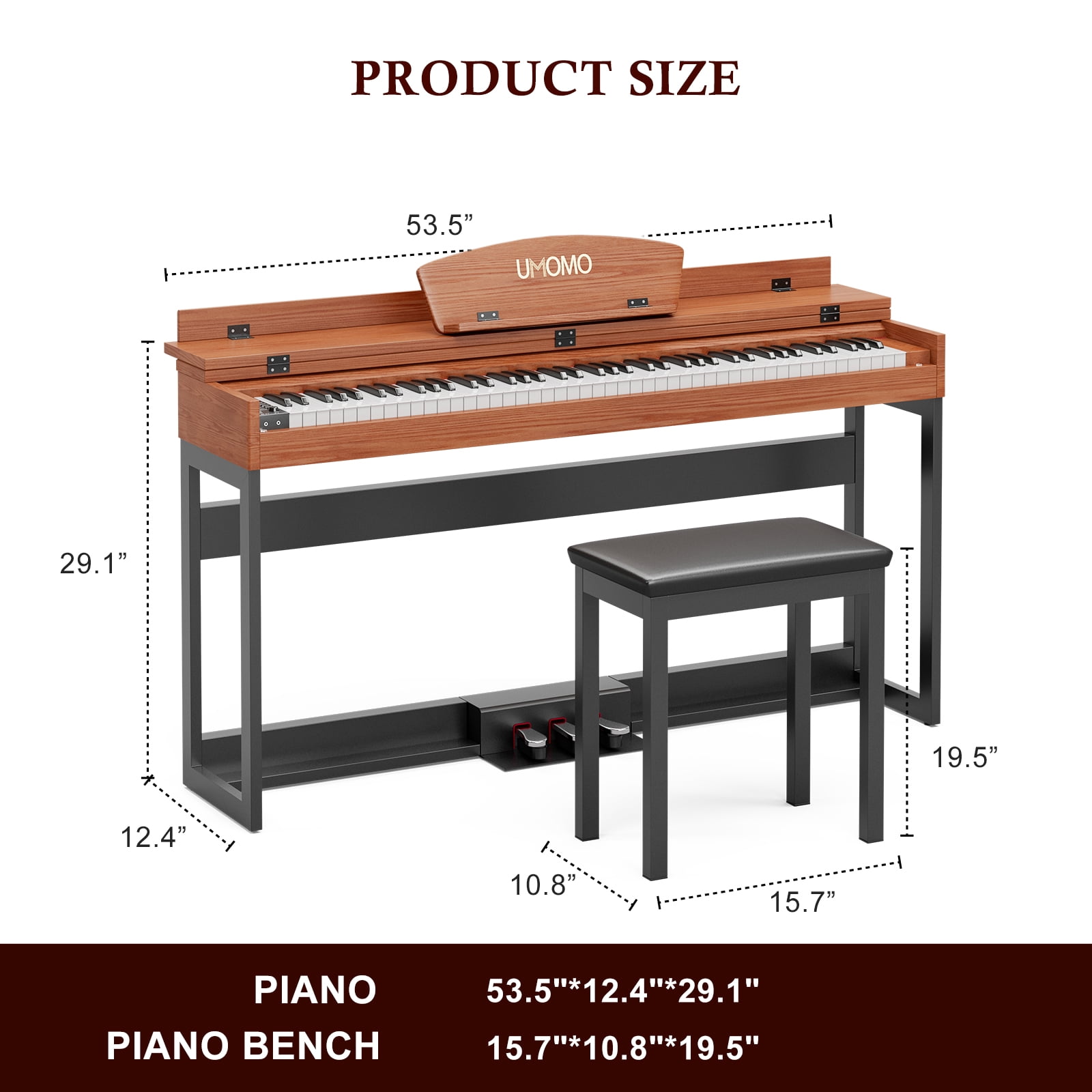 UMOMO  88 Key Digital Piano Keyboard, Full Size Electric Piano with Piano Metal Stand, Headphone Jack, 3 Pedal, Electronic Piano for Beginner, Adults, Brown