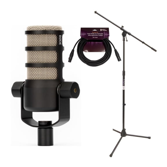 RODE PodMic Dynamic Podcasting Microphone Bundle with Euro Boom Microphone Stand (Black) and 25 Feet XLR Male to Female Microphone Cable (3 Items)