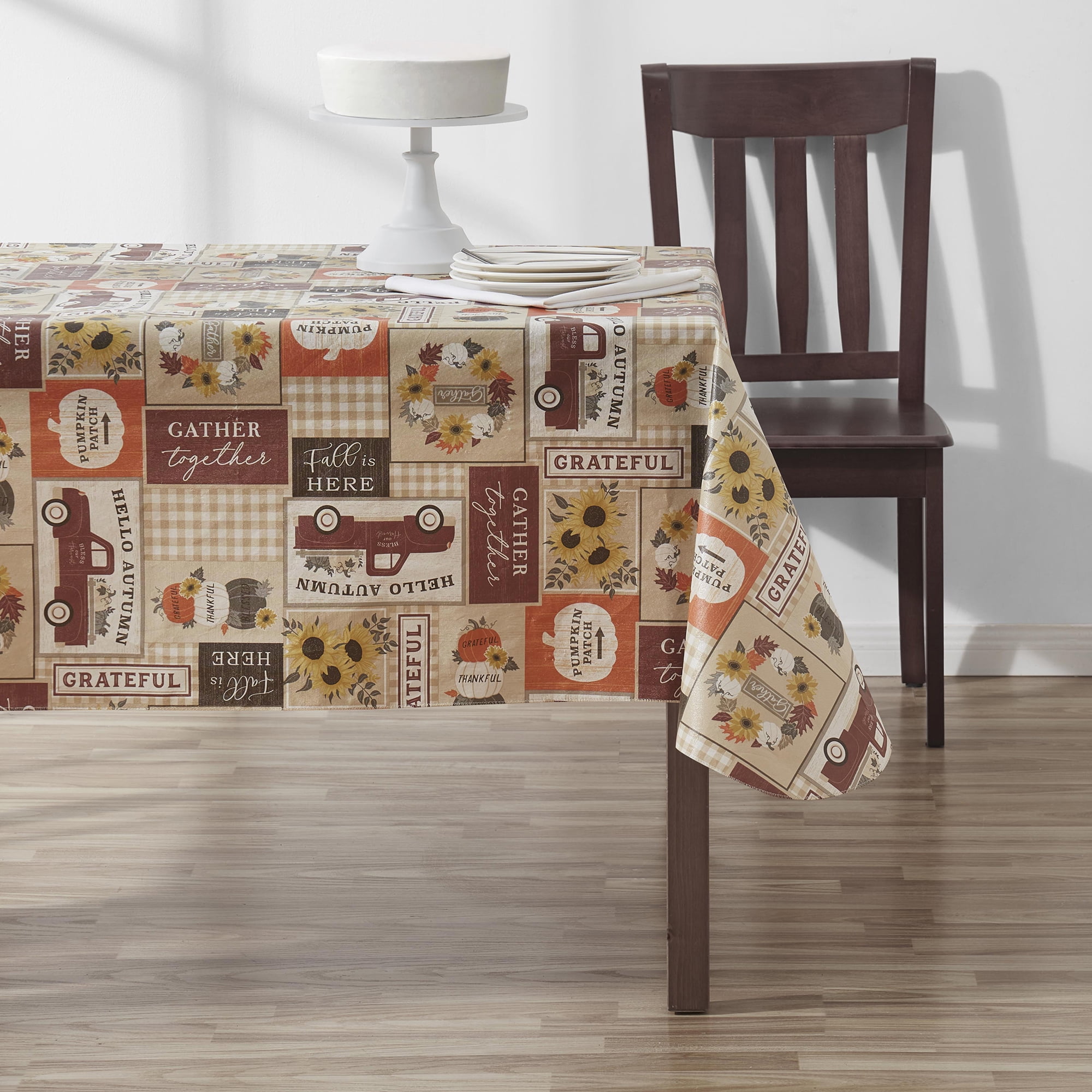 (2 pack) Way To Celebrate Harvest Autumn Patchwork Peva Tablecloth, Fall Décor 70" Round - Beige