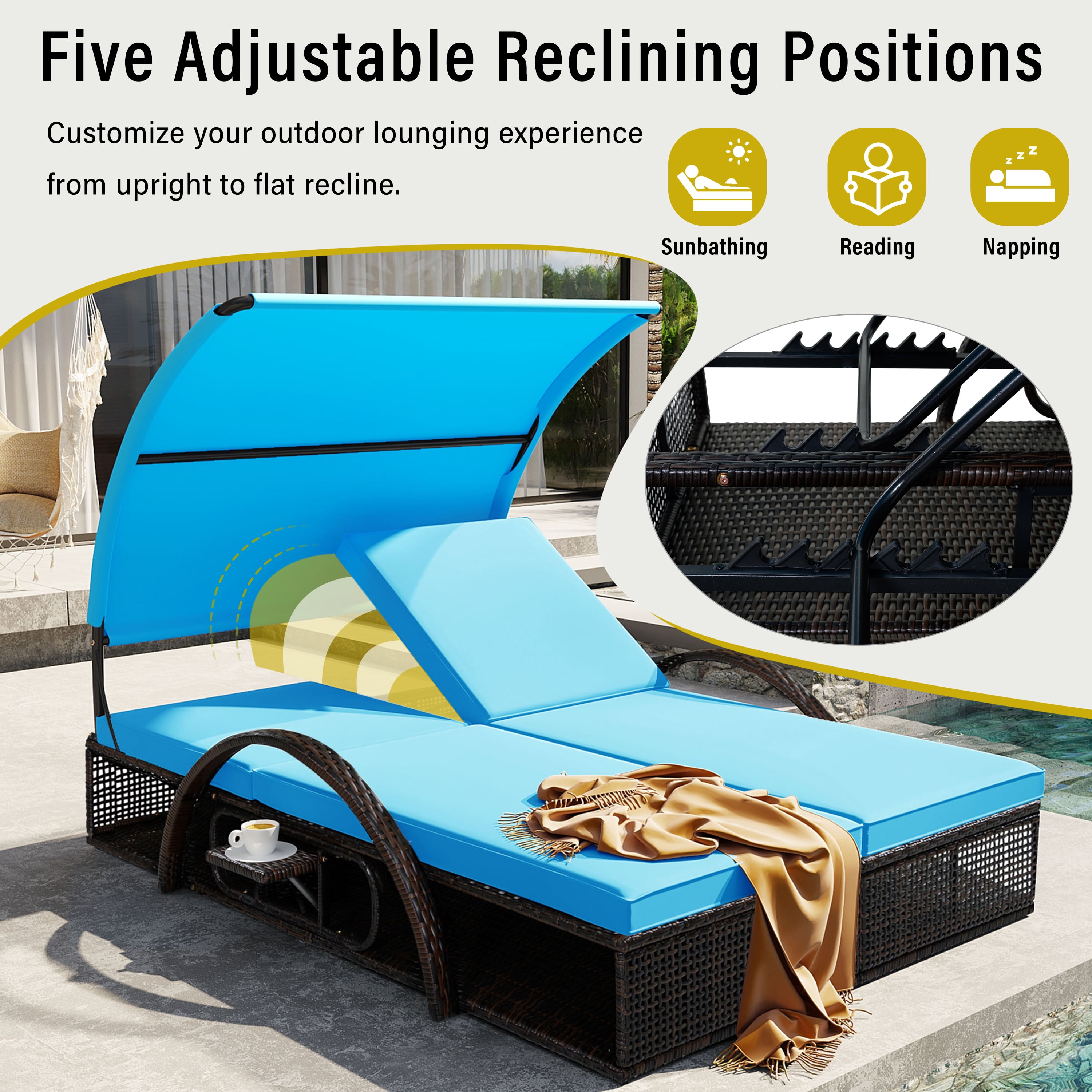 Mintazer 72.8" Outdoor Double Chaise Lounge with Adjustable Canopy & Pop-Up Side Table, Patio Double Sunbed with Arched Armrests for Patio Poolside, Brown & Blue