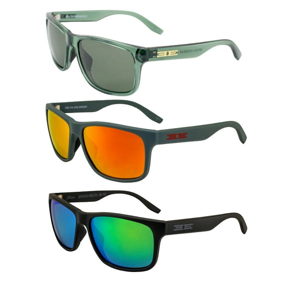 Epoch Eyewear Delta Polarized Sunglasses For Men or Women 3 Pairs Crystal Green w/Smoke Lens Dark Grey w/Red Mirror Lens & Black w/Green Mirror Lens