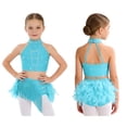 thumbnail image 5 of SiiRoh Kids Girls Sparkly 2 Piece Dance Outfit Halter Latin Jazz Dance Crop Top and Feather Briefs Fringe Skirt Blue Green 6, 5 of 6
