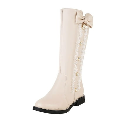 

HGWXX7 Ladies Cute Fashion Bow Solid Color Flat Round Toe Square Heel Middle Long Student Style Boots Fall Shoes